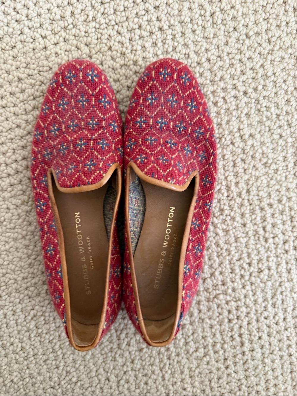 Stubbs & Wootton Red Patterned Embroidered Loafers